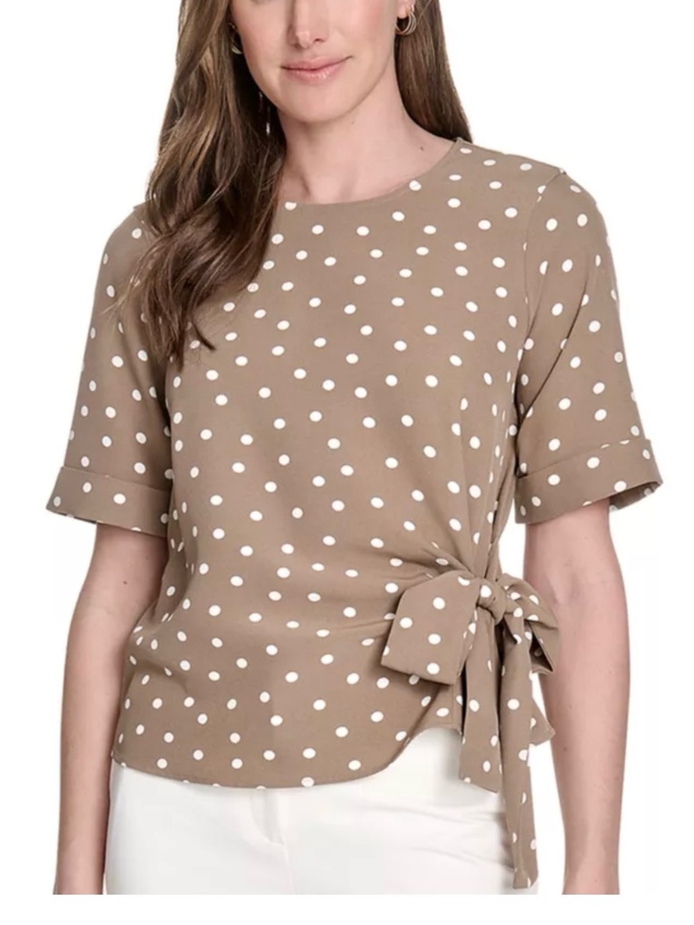 Tommy Hilfiger Taupe Polka Dot Tie-Waist Blouse